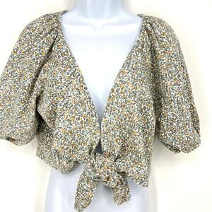 Abercrombie & Fitch Floral Plunging Neckline Tie Front Cropped Linen Top Size M
